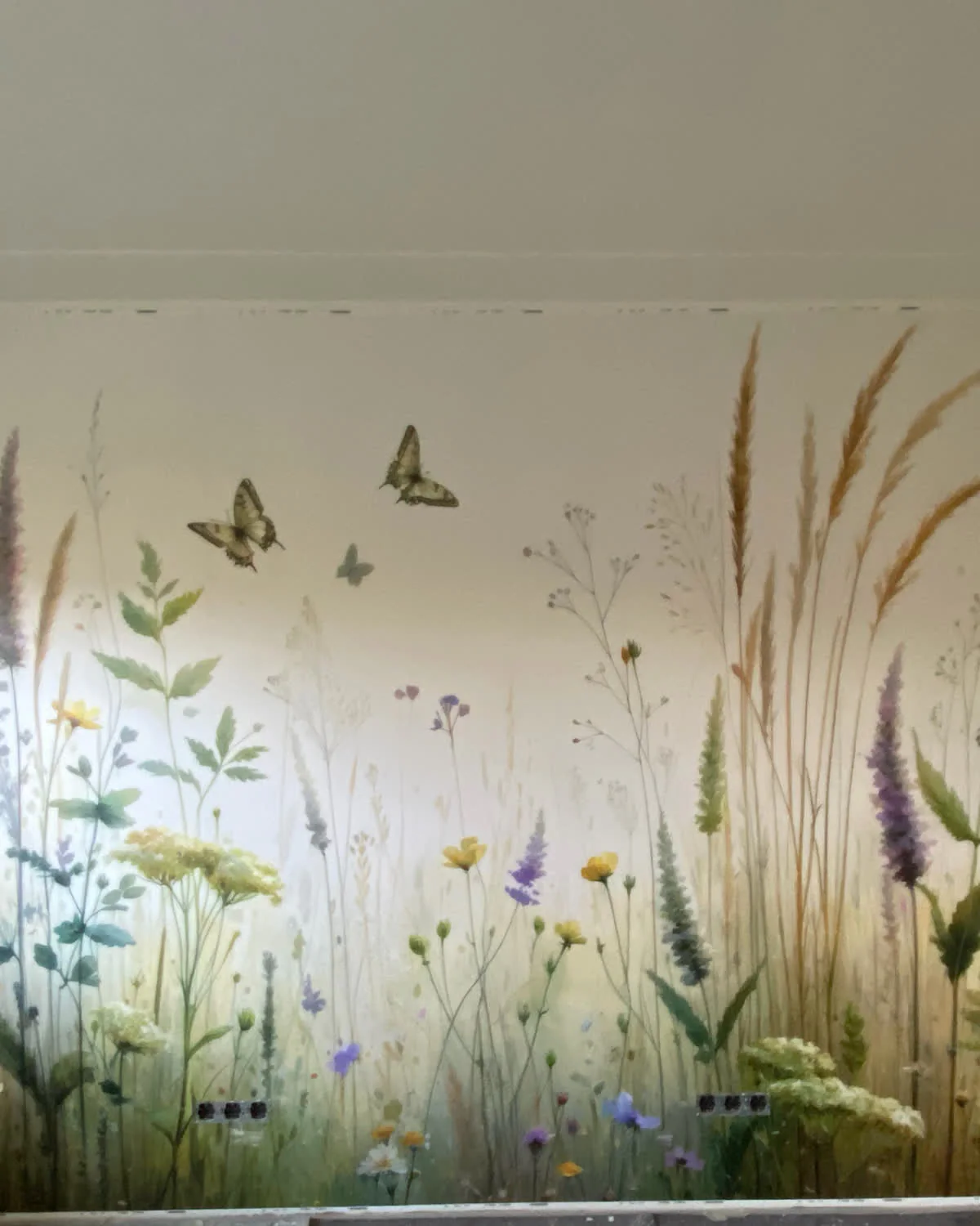 Wohnraum mit großflächig verlegter Fototapete: eine Wildblumenwiese mit Schmetterlingen